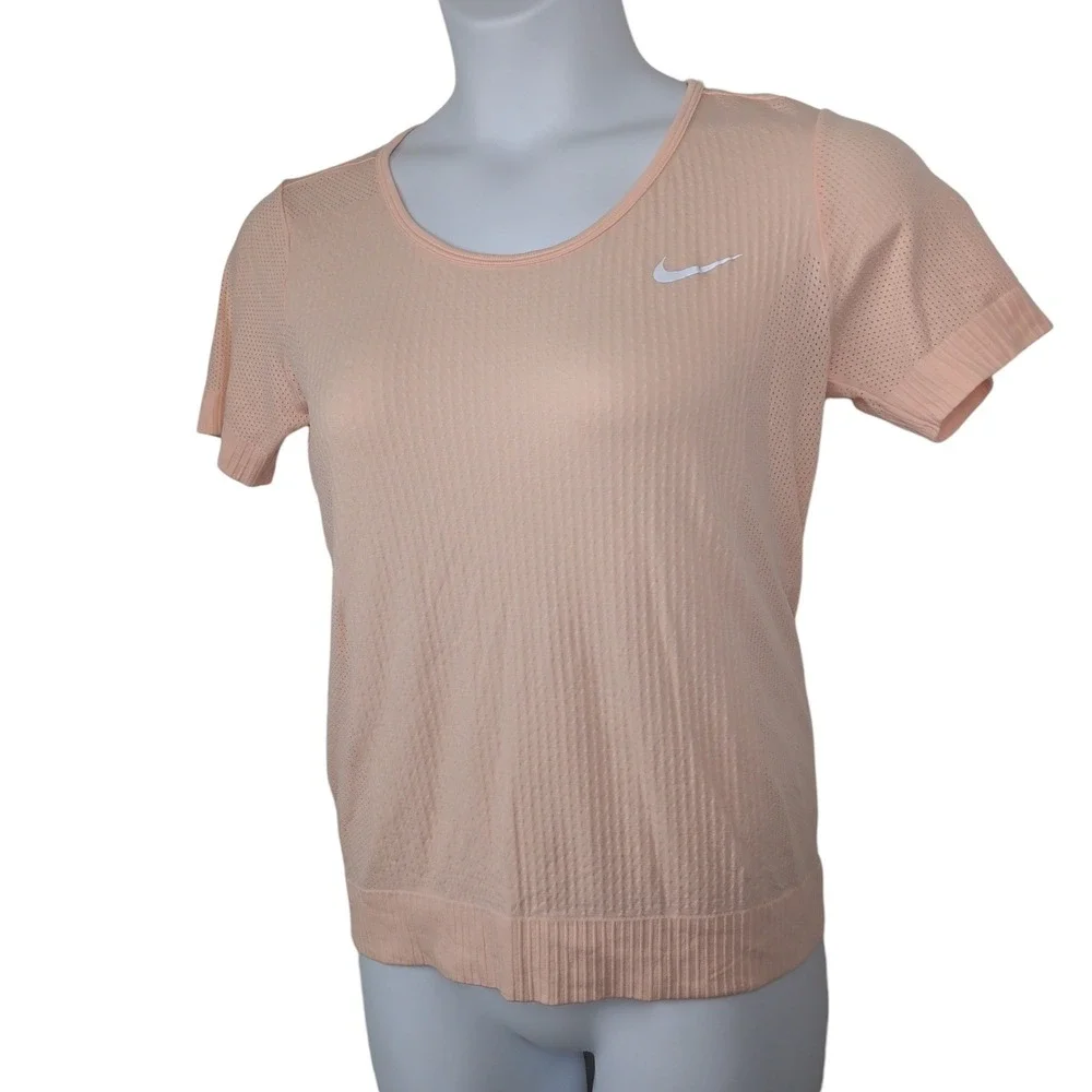 Nike Dri-FIT Womens Medium Peach Short Sleeve Running Shirt Just Do It Cut Out